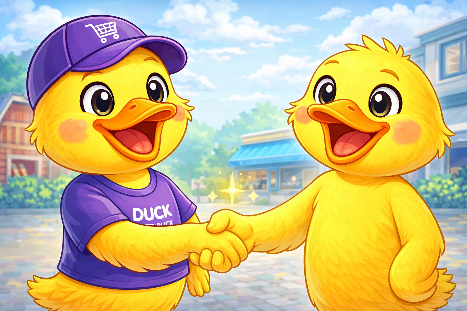 Cute cartoon ducks shaking hands, one in Duck Truck Delivery attire, symbolizing partnerships with local businesses in Northwest Ohio and Southeast Michigan