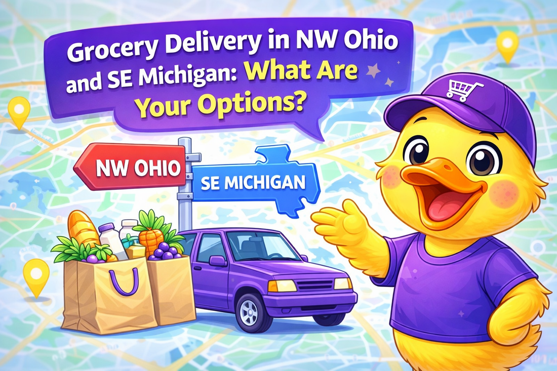 Cartoon duck mascot with groceries and a purple delivery car representing grocery delivery in Northwest Ohio and Southeast Michigan