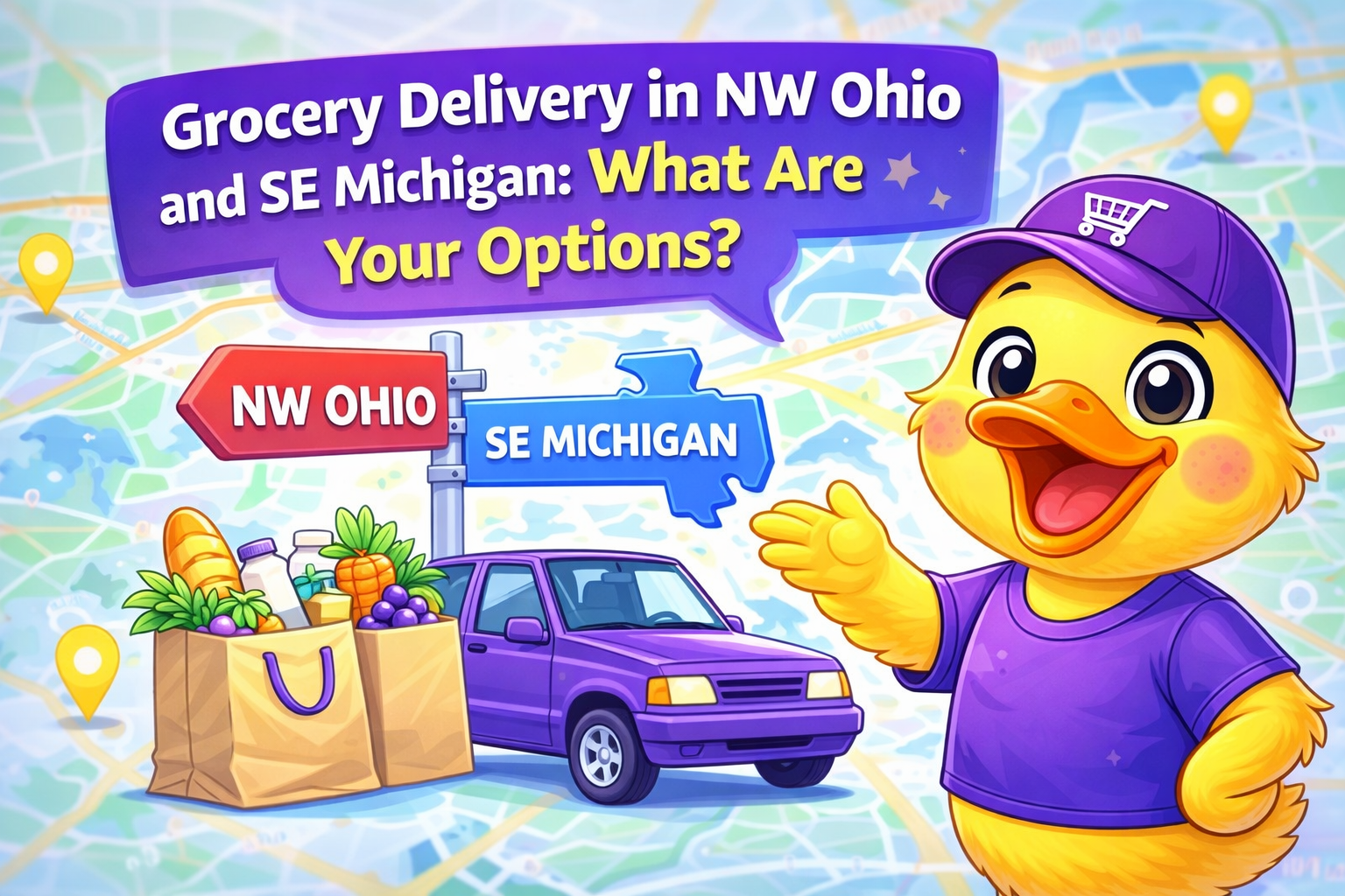 Cartoon duck mascot with groceries and a purple delivery car representing grocery delivery in Northwest Ohio and Southeast Michigan