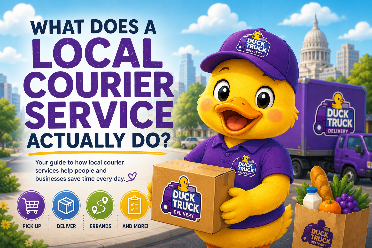 Smiling Duck Truck Delivery duck mascot holding a delivery box beside a purple delivery truck in Jackson, Mississippi with text reading “What Does a Local Courier Service Actually Do?”
