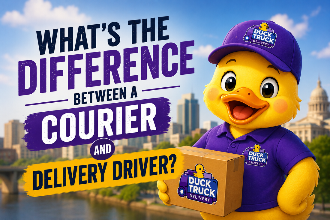 Duck Truck Delivery mascot holding a package in front of a city skyline with bold text explaining the difference between a courier and a delivery driver.