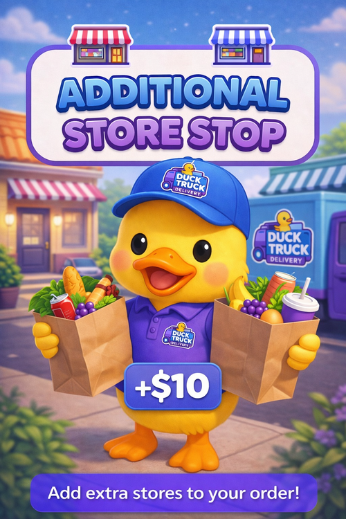 Animated duck character holding groceries with a store stop offer on a colorful background