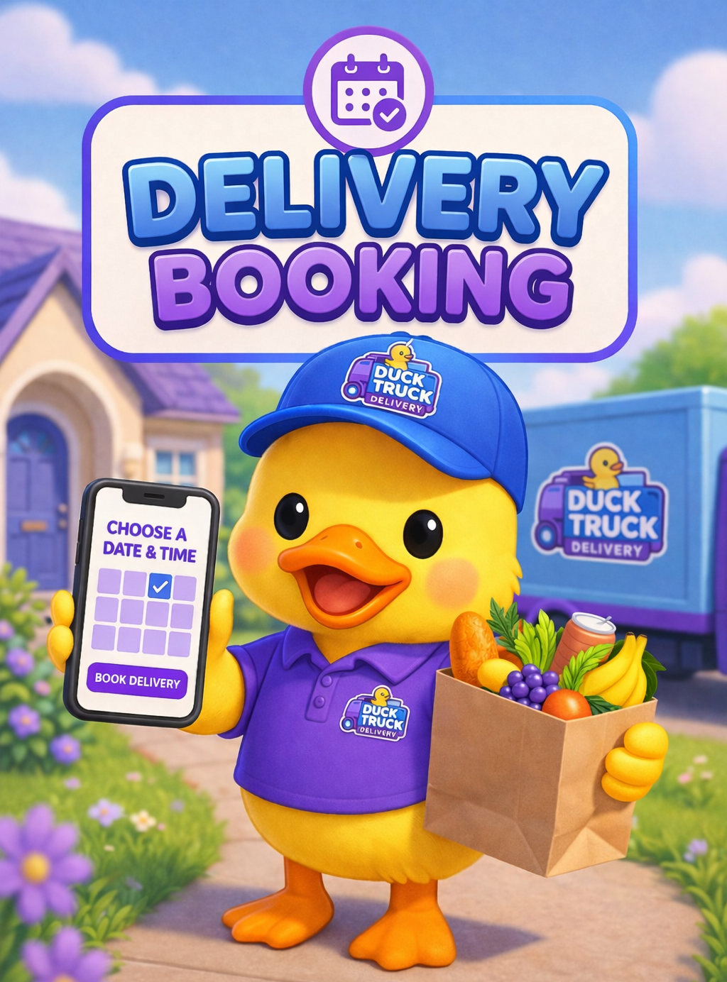 Cartoon duck character in a purple shirt holding a box of groceries with a 'Delivery Booking' sign in the background.