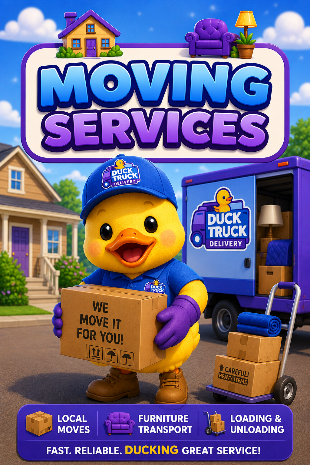 Advertisement for moving services featuring a cartoon duck character with a truck and house in the background.