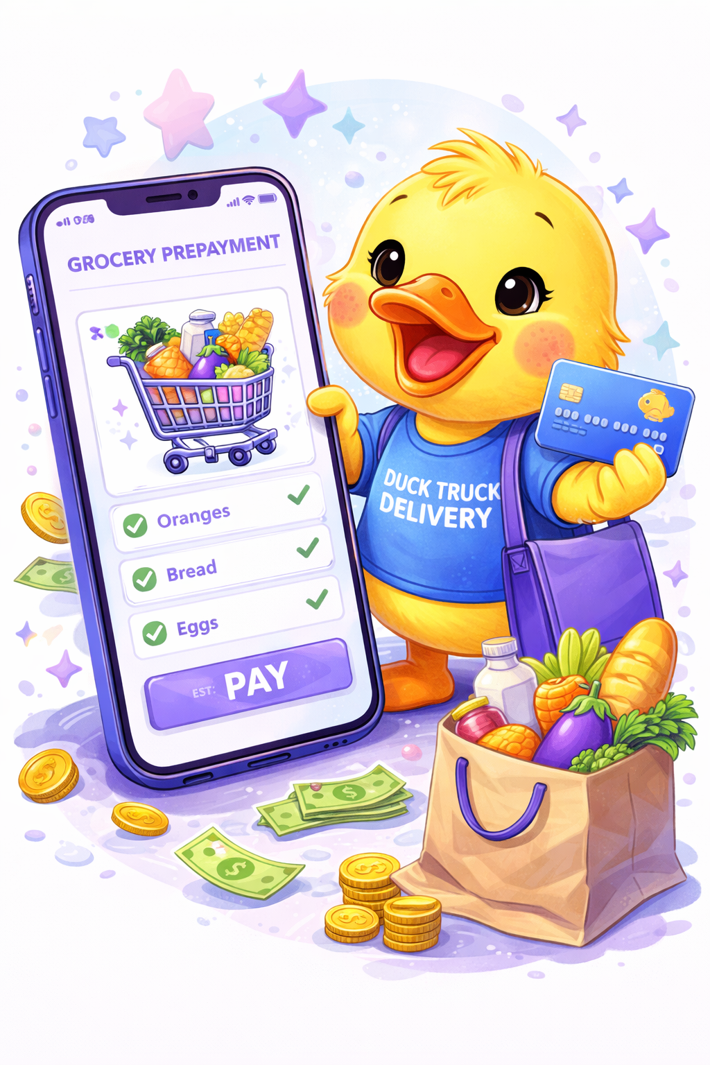 Cartoon duck character with a smartphone, card, and groceries on a colorful background