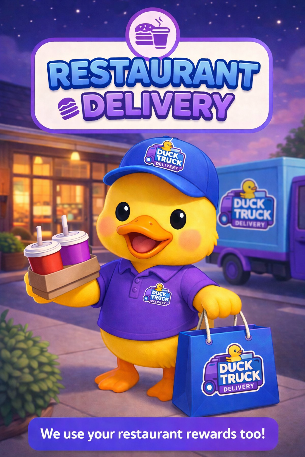 Duck character in a blue cap and purple shirt holding drinks and a bag, with 'Duck Truck Delivery' branding.