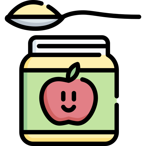 Jar of baby food with a smiley face apple on the label, next to a spoonful of baby food.

Icon from flaticon.com