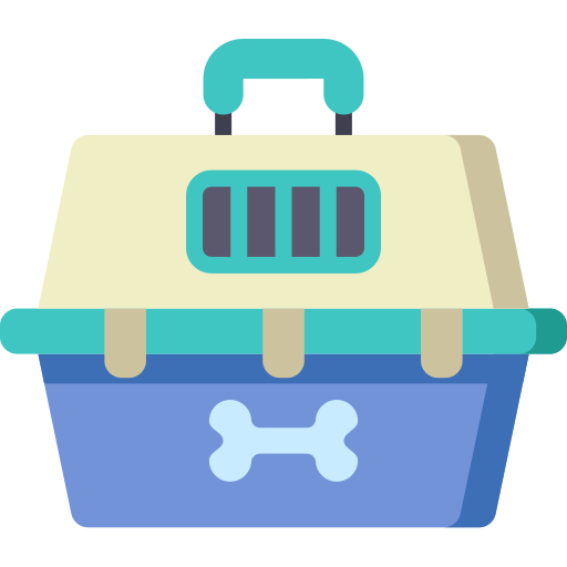 Pet carrier with a blue base and beige top, featuring a bone symbol.

Icon from flaticon.com