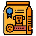 Illustration of a dog food packaging with a blue ribbon, orange label, and black border.

Icon from flaticon.com