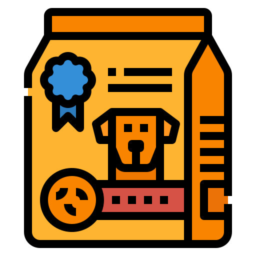 Illustration of a dog food packaging with a blue ribbon, orange label, and black border.

Icon from flaticon.com
