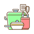 Colorful icon of kitchen utensils including a green pot, white bowl, pink container, and various tools on a white background.

Icon from flaticon.com