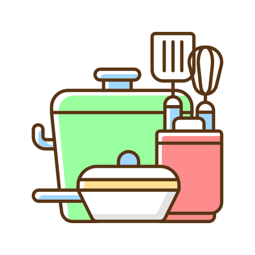 Colorful icon of kitchen utensils including a green pot, white bowl, pink container, and various tools on a white background.

Icon from flaticon.com