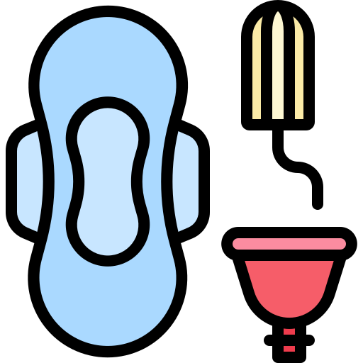 Icon of a blue sanitary pad, a pink menstrual cup, and a tampon on a white background.

Icon from flaticon.com